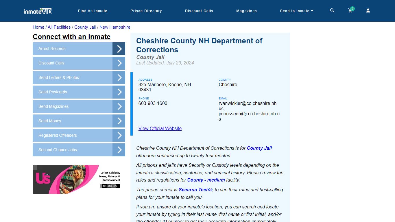 Cheshire County NH Department of Corrections - Inmate Locator